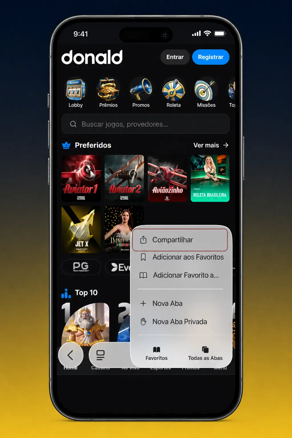 Passo a passo para baixar e instalar o app DonaldBet via PWA em dispositivos iOS pelo navegador Safari.