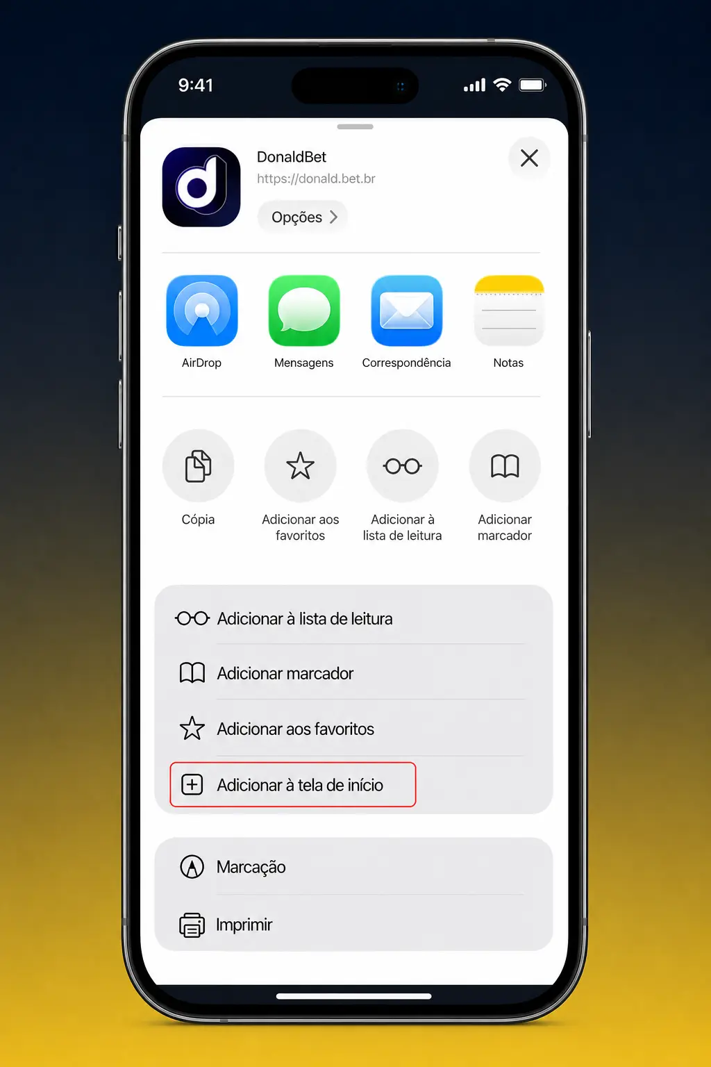 Passo a passo para baixar e instalar o app DonaldBet em iOS via Safari usando PWA na tela de início.