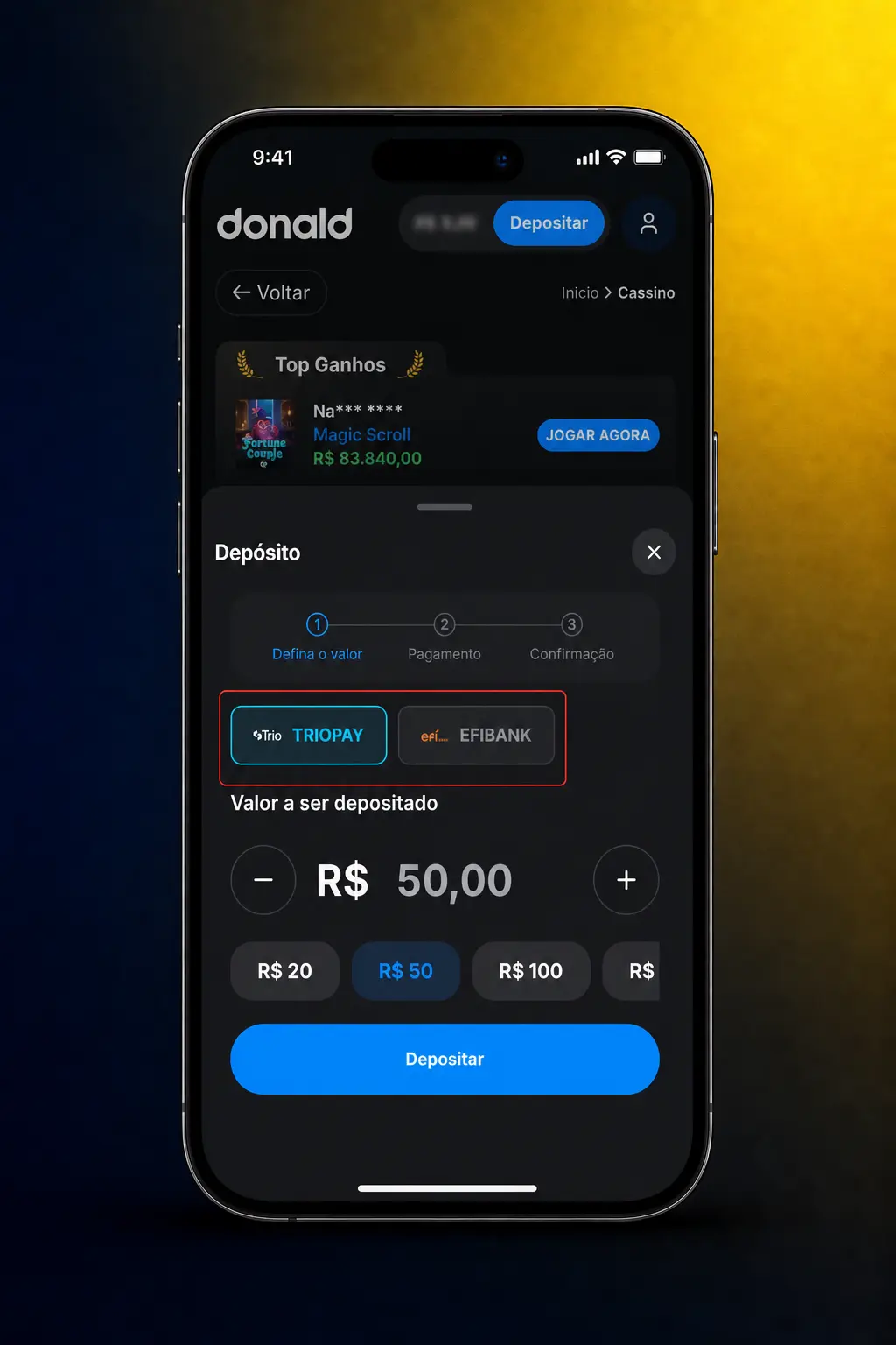 Passo a passo de como fazer um depósito na DonaldBet usando PIX, cartão de crédito ou boleto bancário.