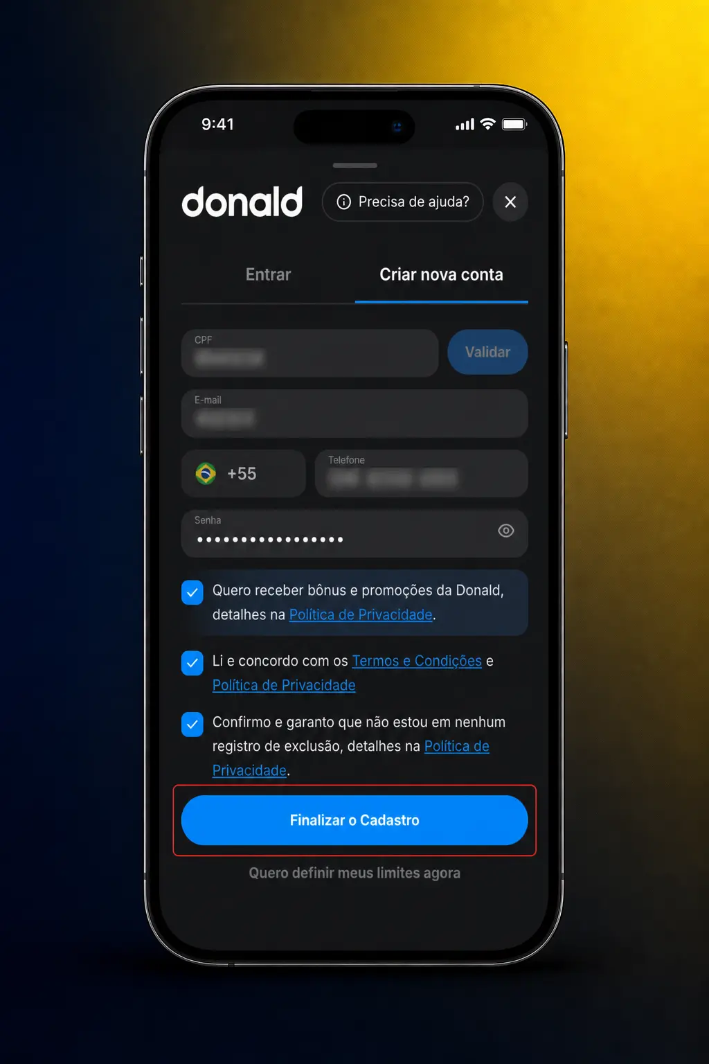 Passo a passo para fazer um depósito na DonaldBet usando PIX, cartão de crédito ou boleto bancário.