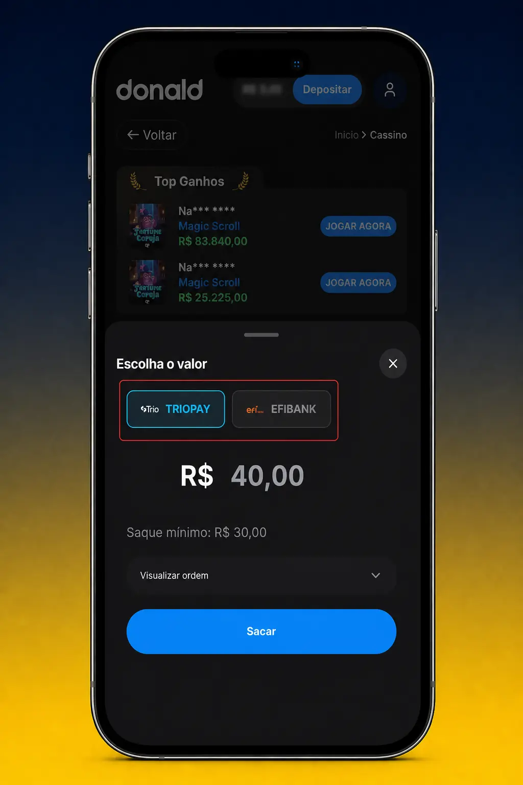 Passo a passo de como sacar da DonaldBet via PIX ou TED, mostrando login, menu financeiro e confirmação do saque.