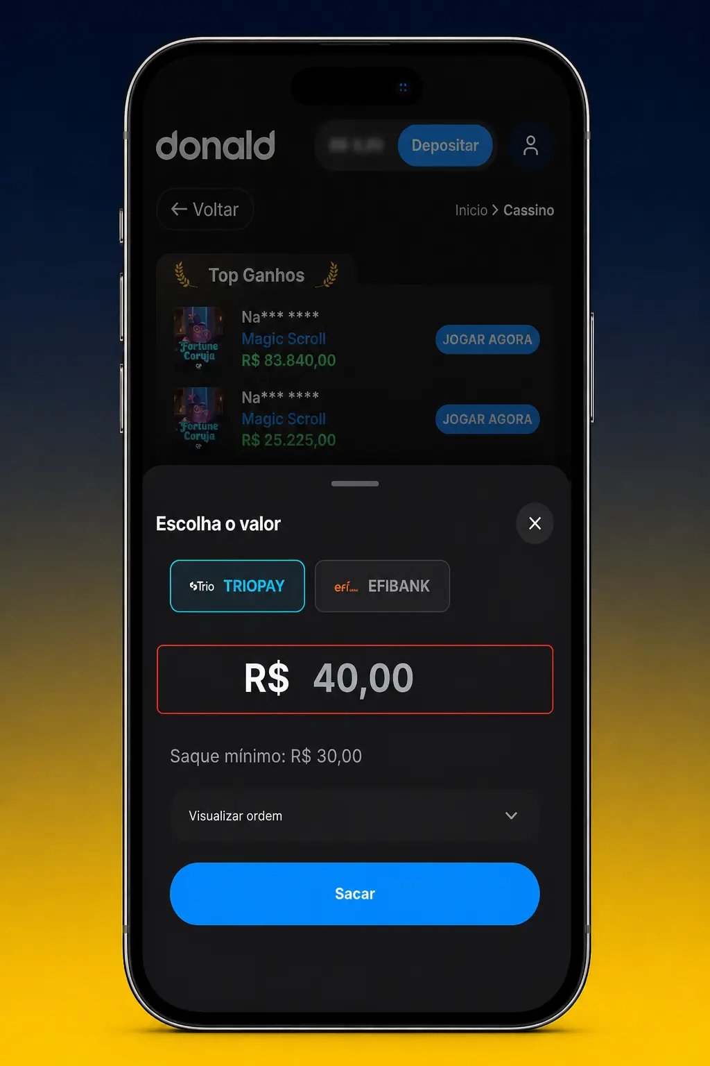 Passo a passo de como sacar da DonaldBet via PIX ou TED, mostrando o menu financeiro e opções de saque na plataforma.