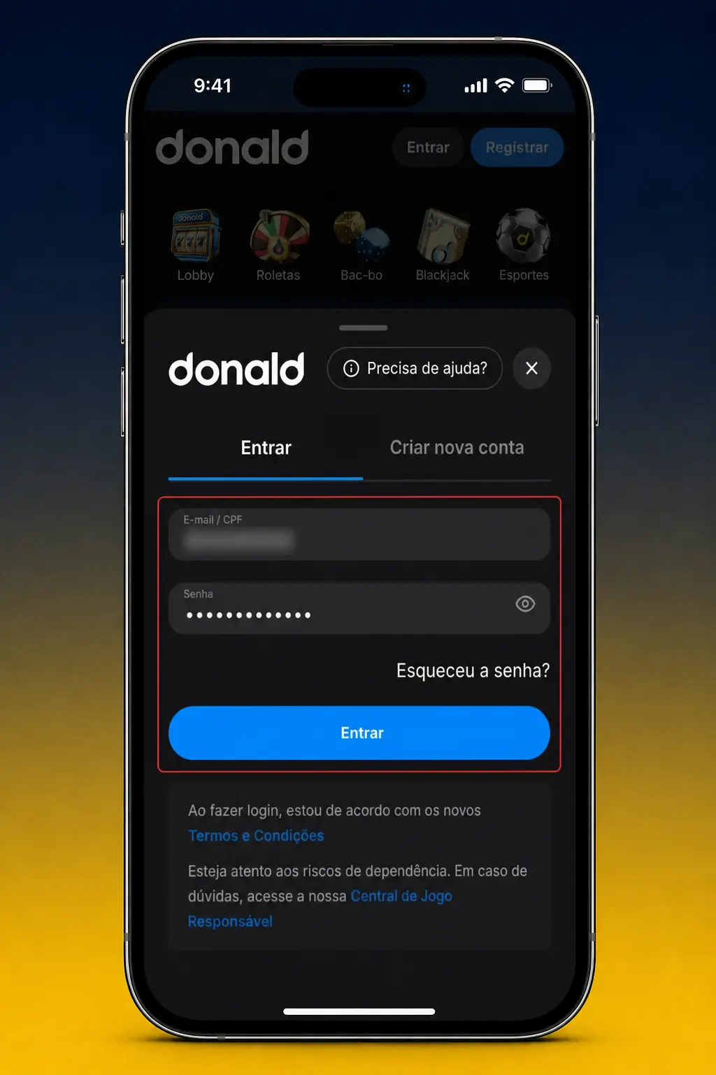 Passo a passo de como sacar da DonaldBet via PIX ou TED, mostrando login, menu financeiro e confirmação do saque.