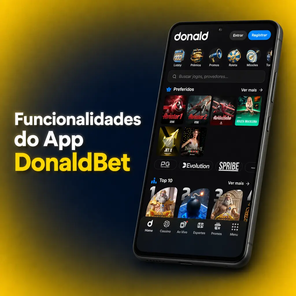 Tela do app DonaldBet mostrando notificações push, cassino ao vivo e login por biometria em dispositivo móvel