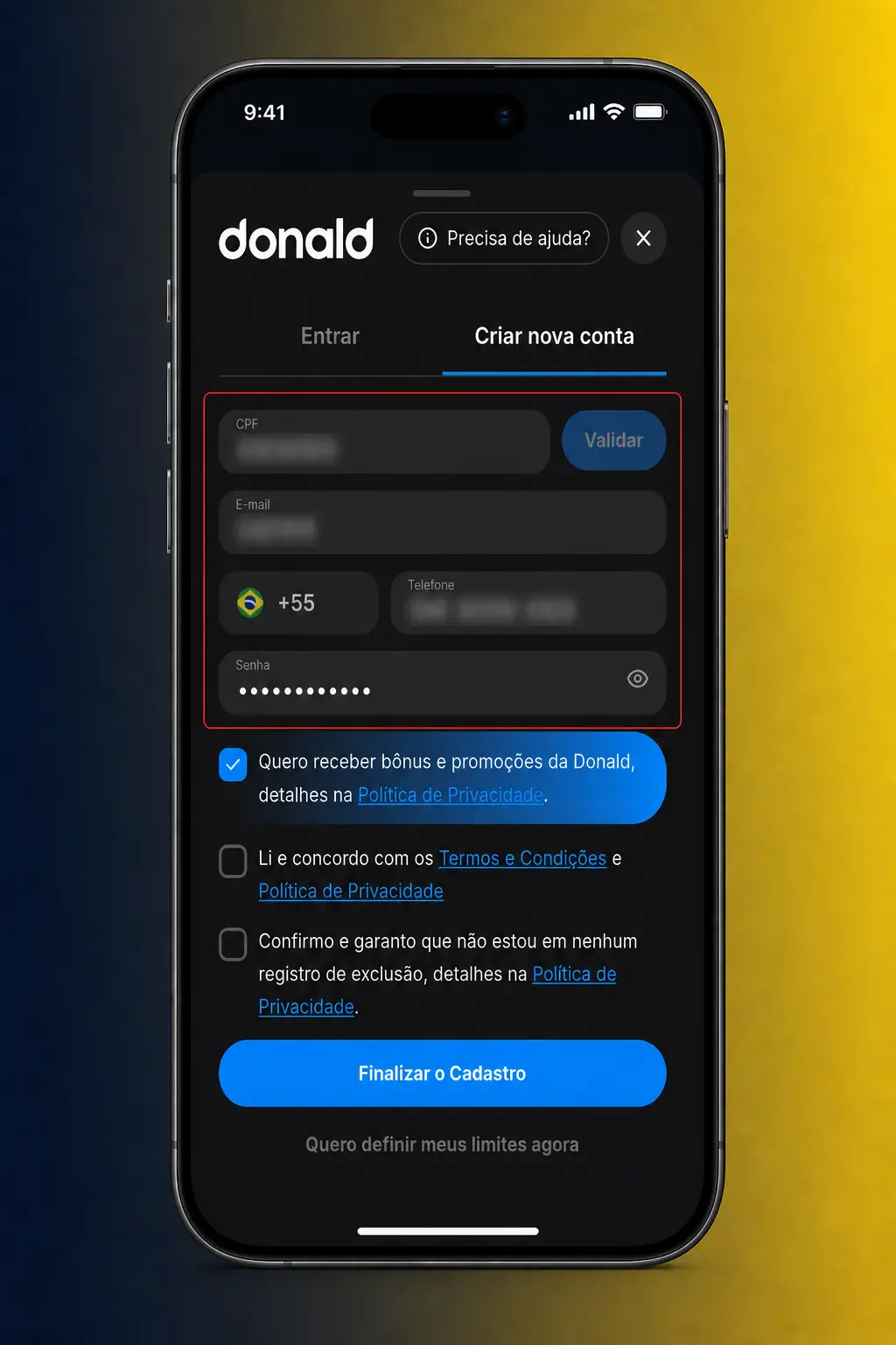 Passo a passo do cadastro na DonaldBet pelo aplicativo móvel, com opção de login por biometria após o primeiro acesso.