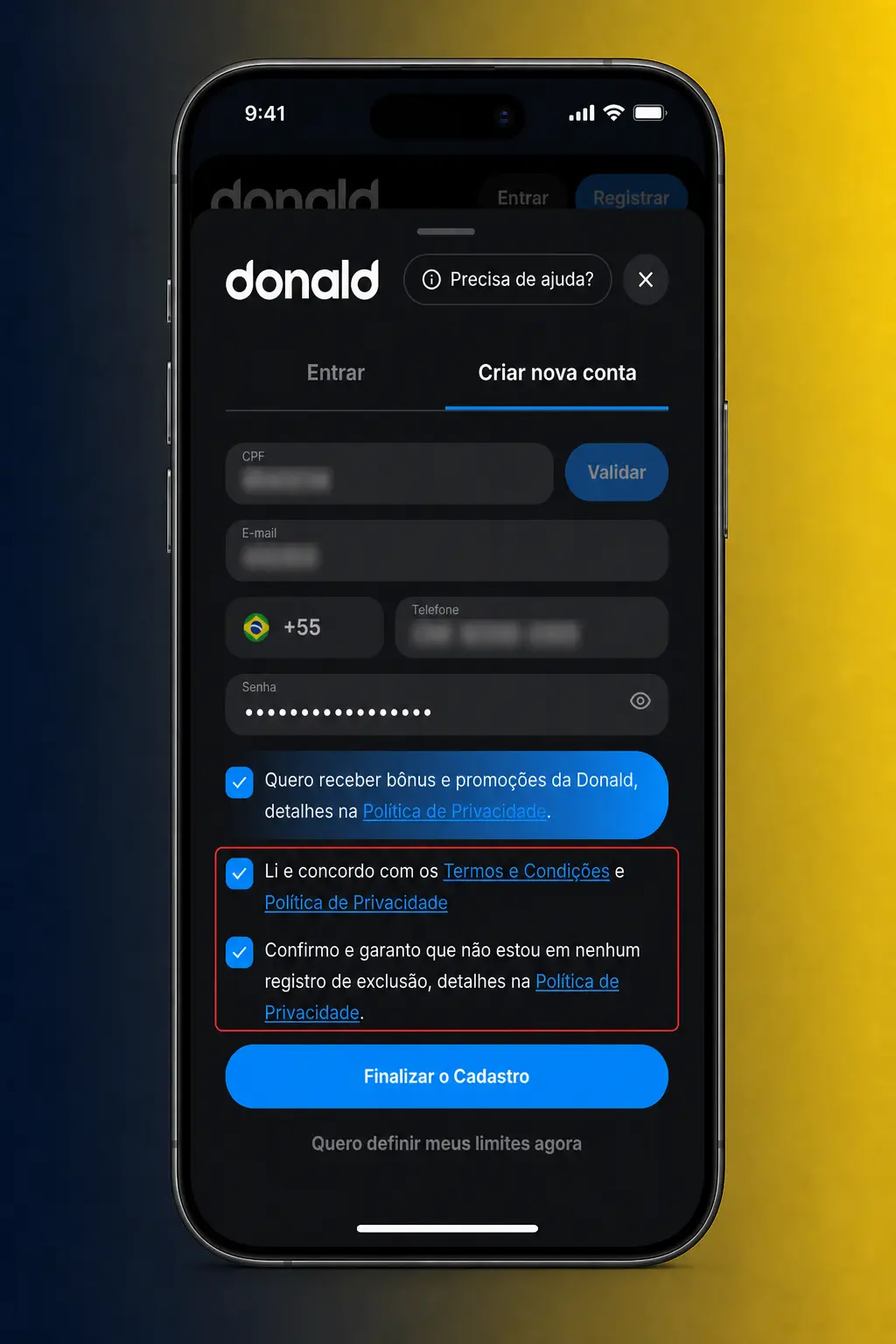 Passo a passo do cadastro na DonaldBet pelo aplicativo móvel, com opção de login por biometria
