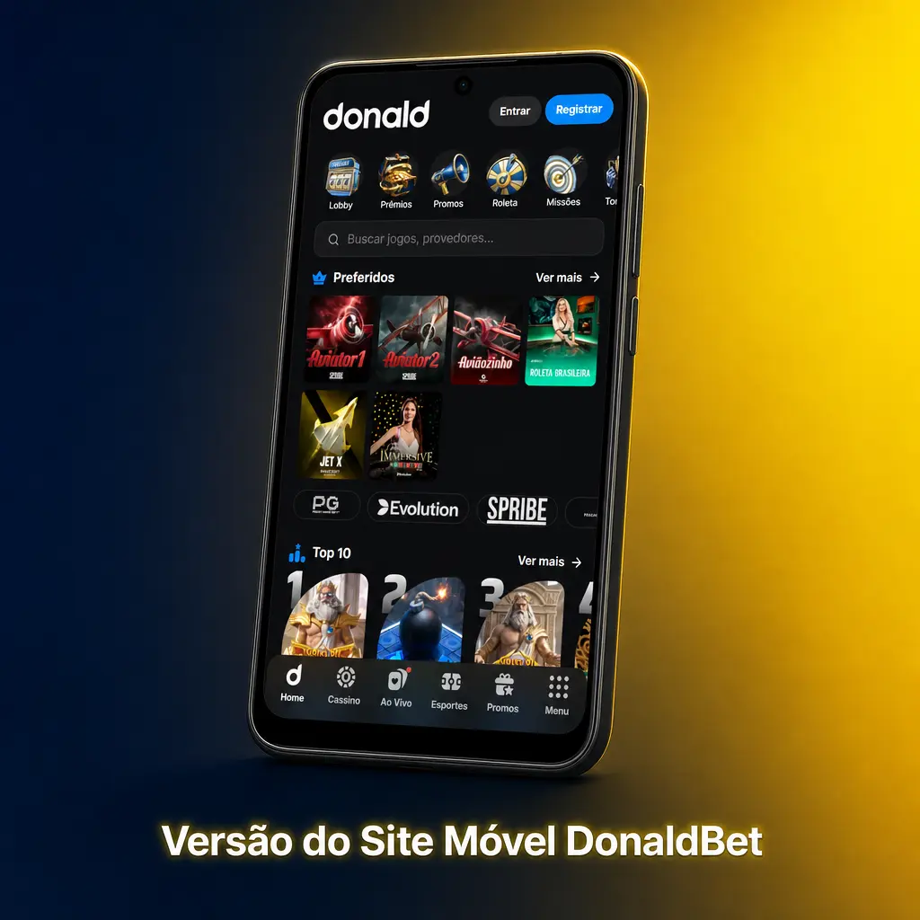 Versão móvel do site DonaldBet acessada pelo navegador, sem app, com apostas esportivas e cassino disponíveis.